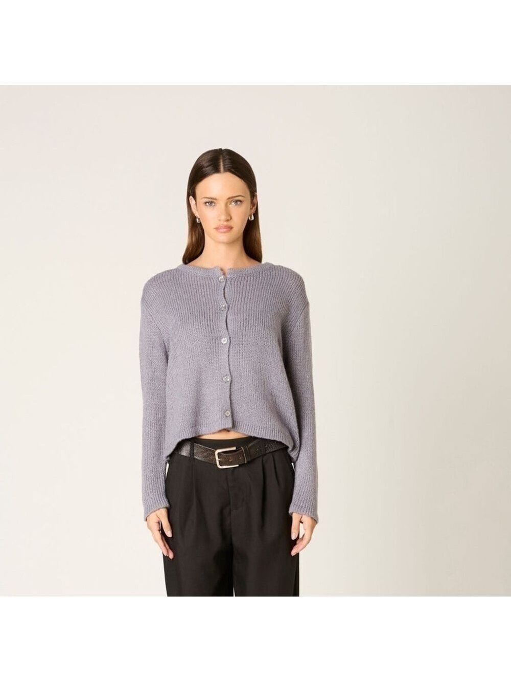 Nia Ariana Cardigan Gray Wool Size L/XL Relaxed Fit Crew Neck Dropped Shoulders